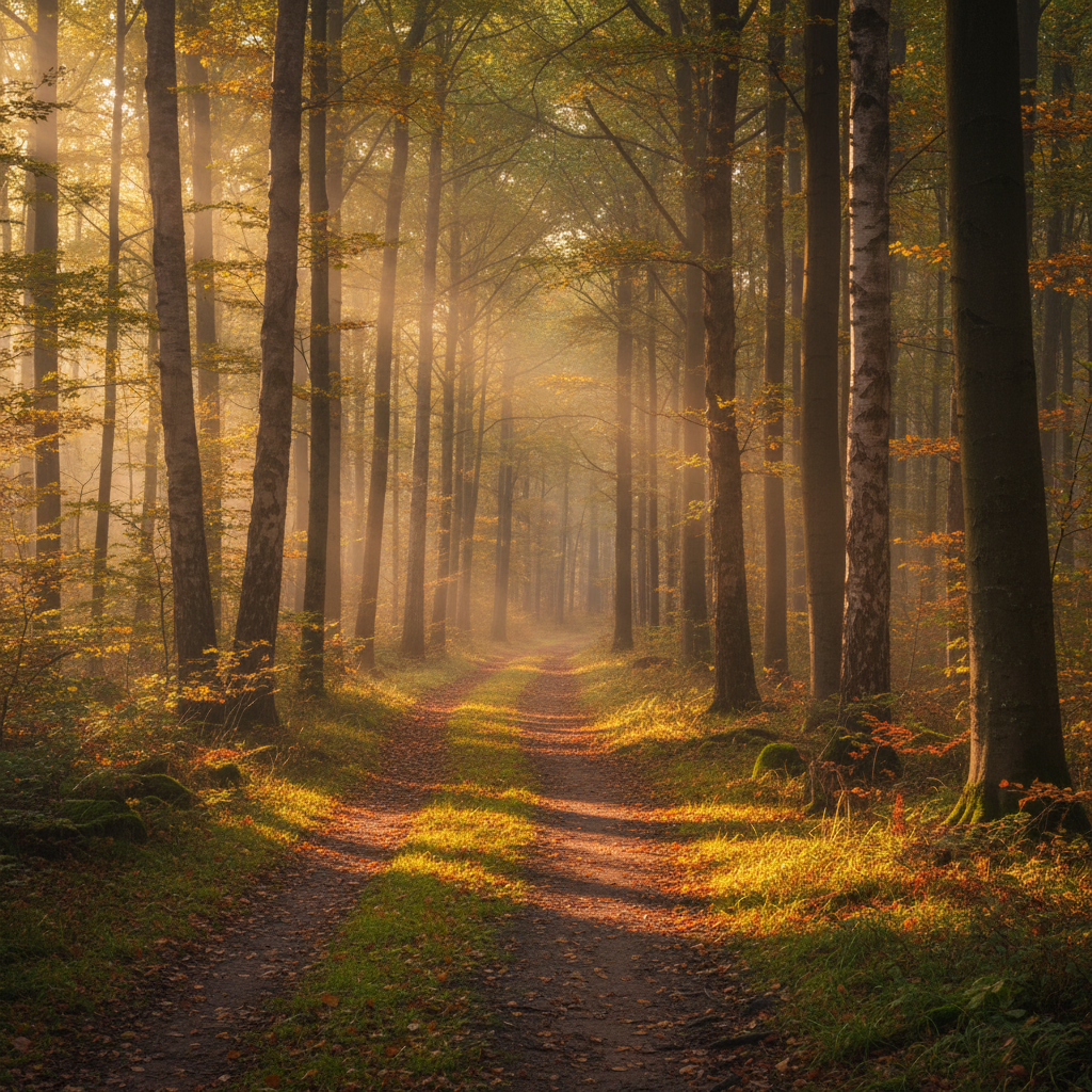Sentier forestier en lumière dorée de fin d'après-midi, arbres hauts, atmosphère de tranquillité profonde