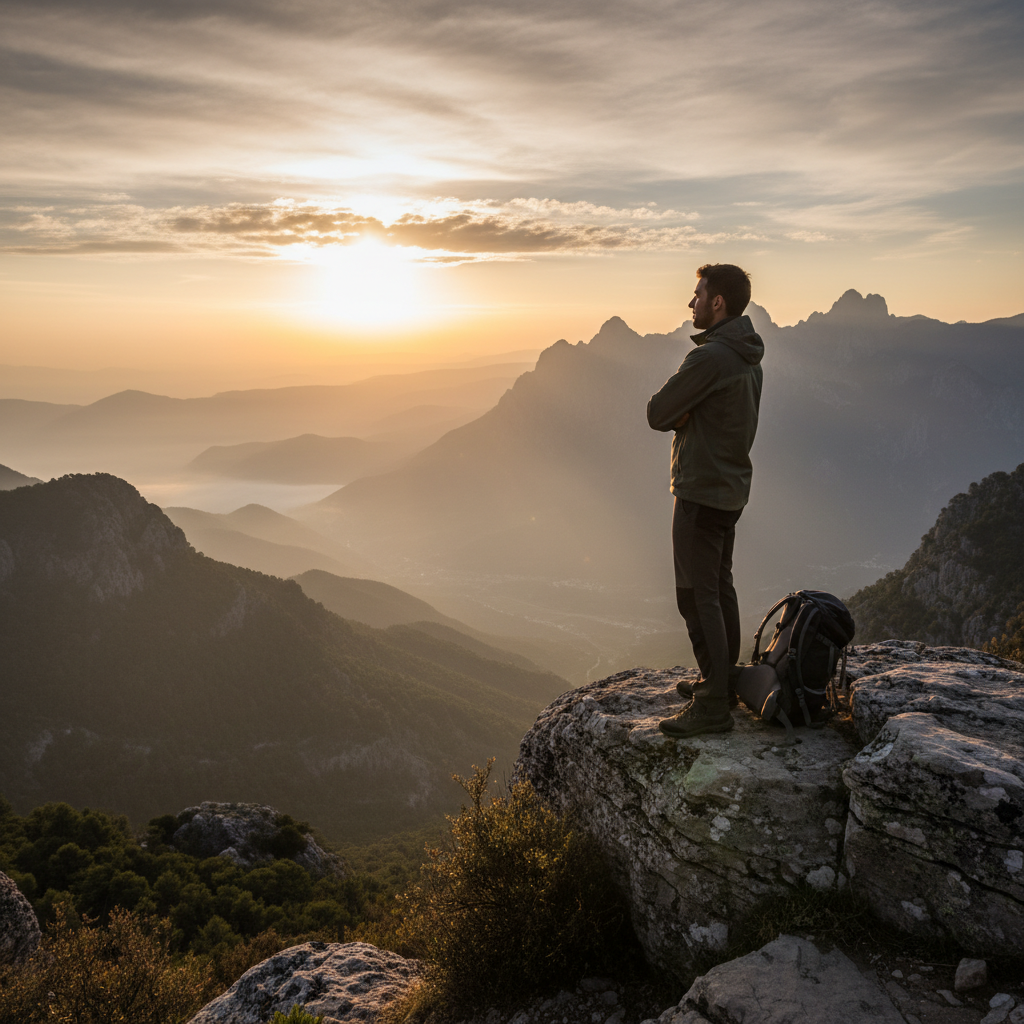 Homme contemplant un paysage naturel montagneux au lever du soleil, atmosphère de calme et de sérénité
